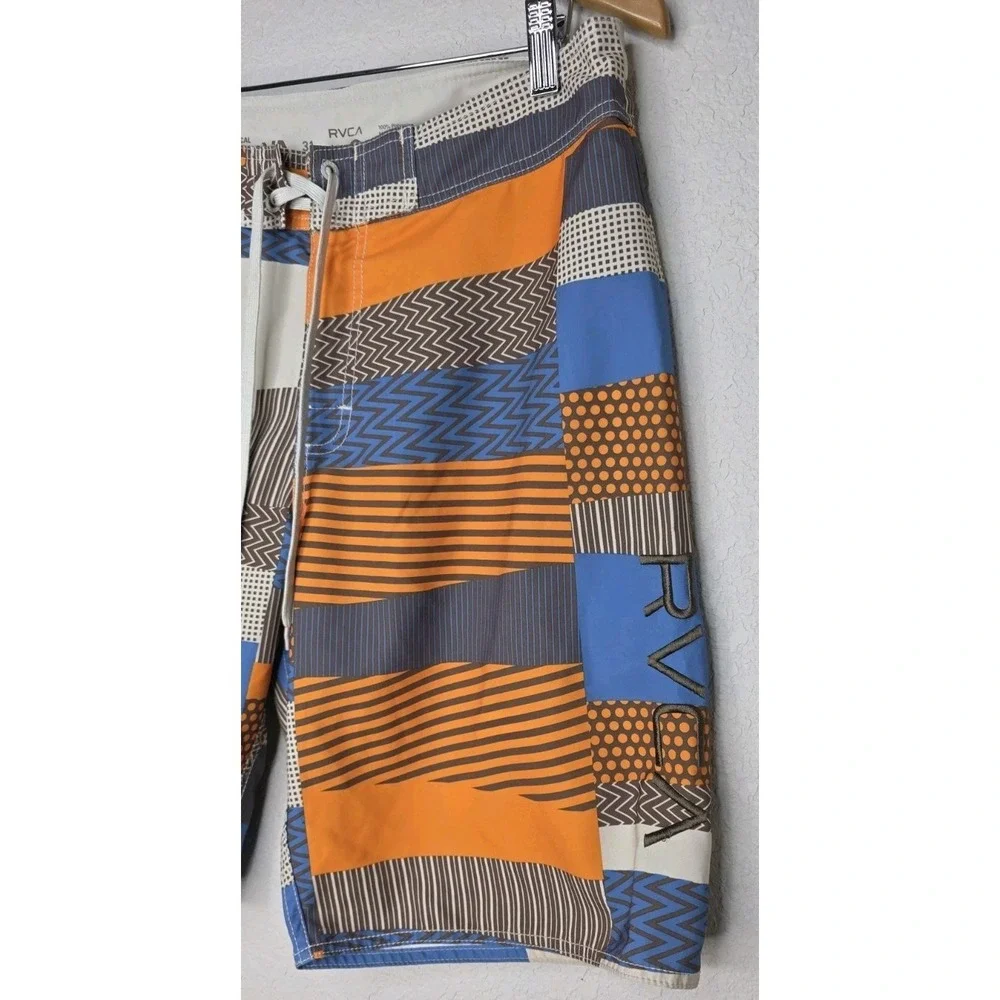 New RVCA Mechanical Stretch Board Shorts Men 31 Orange Patchwork Swim Beach Pool